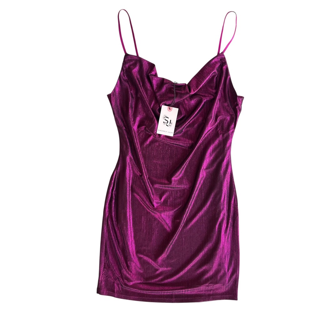 Sincerely Jules Women M Pink Purple Cowl Neck Metallic Mini Dress Party Cocktail
